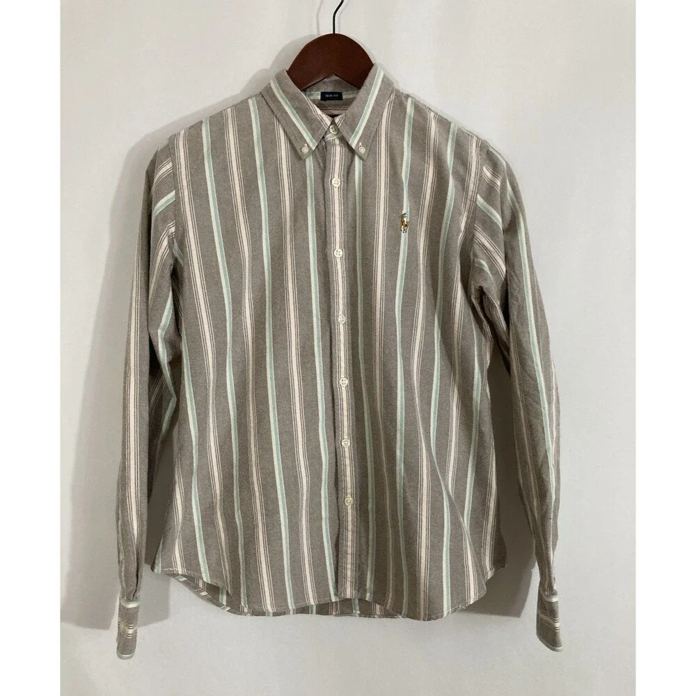 Ralph Lauren Boys 10 Slim Oxford Shirt Brown Stripe Pony Logo Button Up Cotton